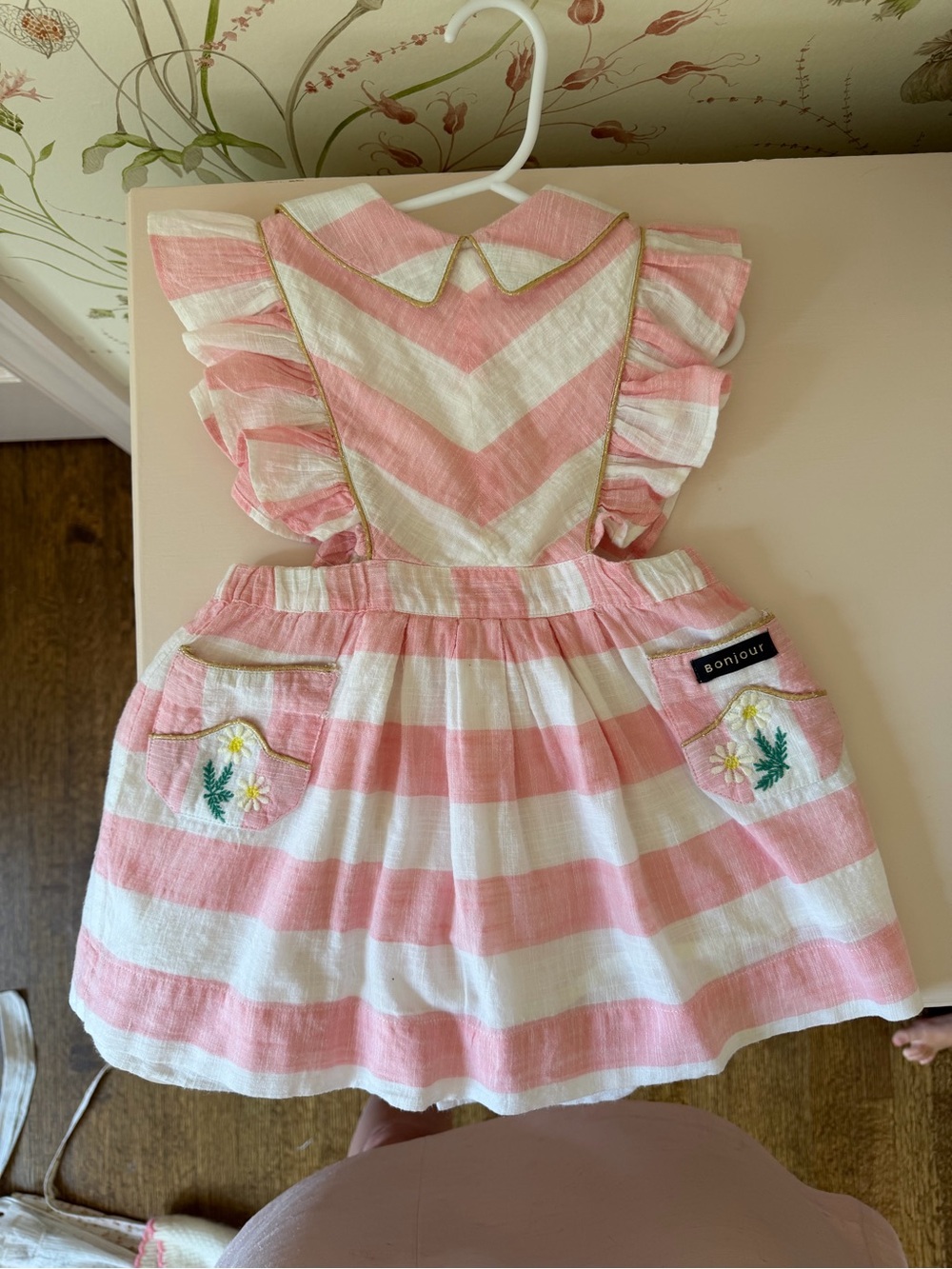Bonjour Dress Pink and White Striped Ruffle Jumper with Floral Pockets